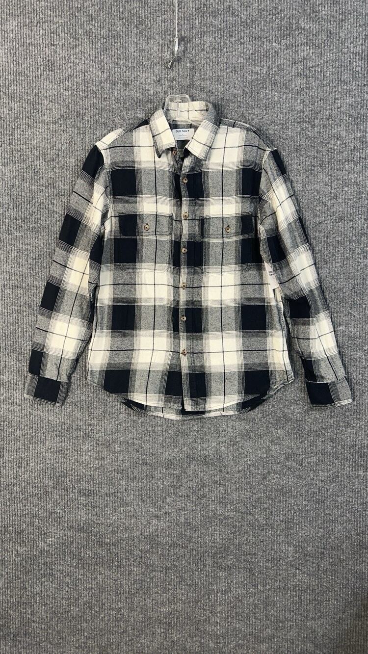 Old Navy Shirt Mens Small Double Brushed Flannel Cream Black Long Sleeve Fall